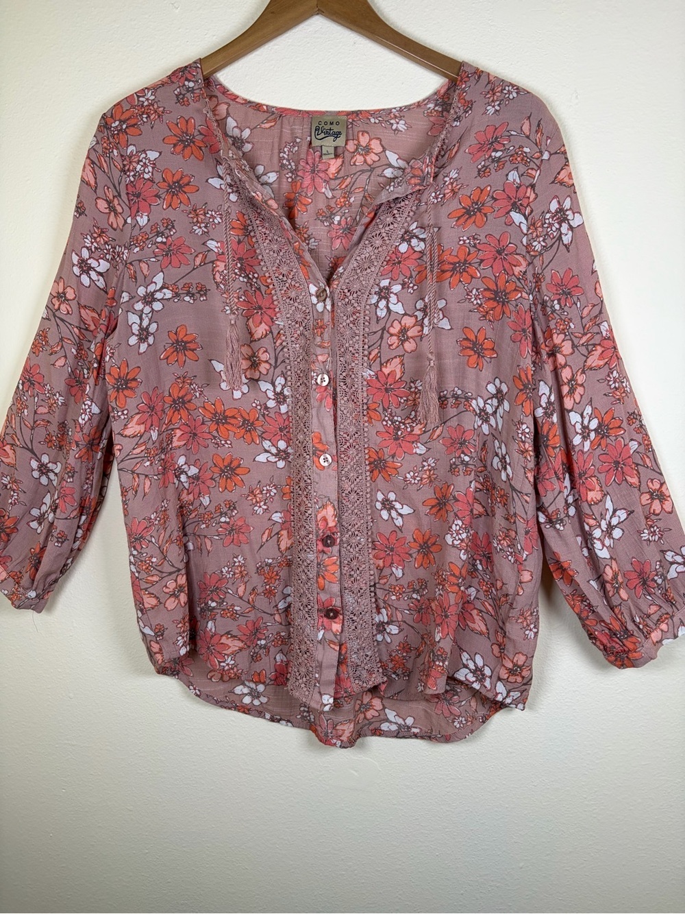 Como Vintage Floral Boho Blouse Lace Trim Tassel Tie Top Size Large
